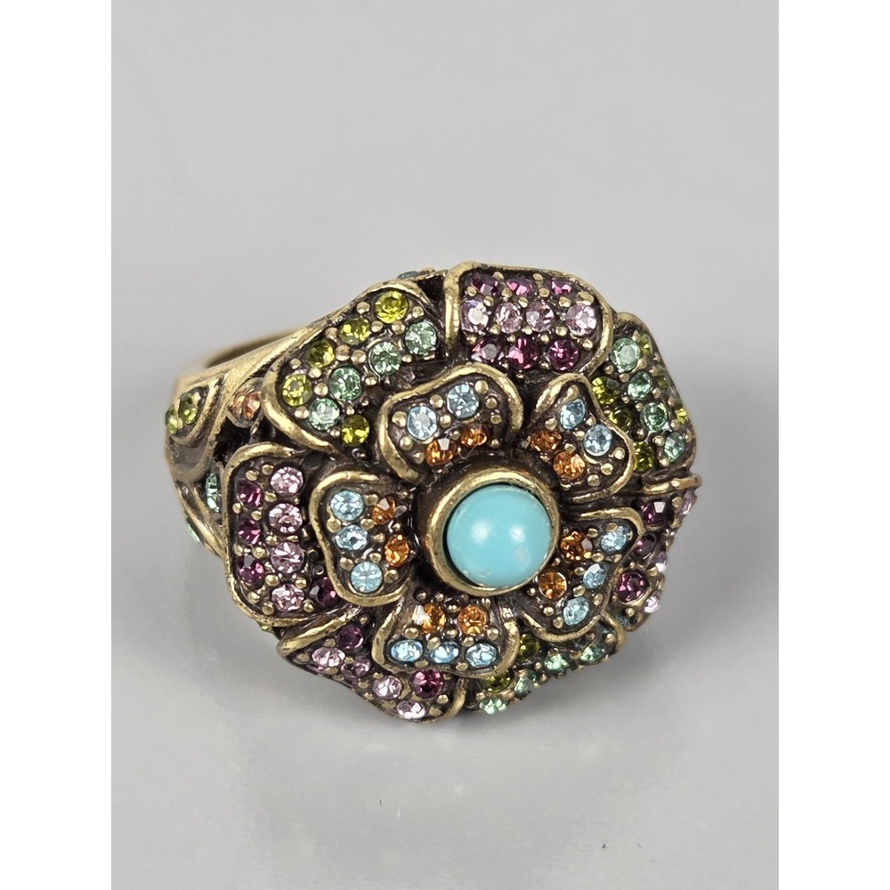 VINTAGE HEIDI DAUS SIZE 9 ORNATE FLOWER BLOSSOM TURQUOISE BEAD RING